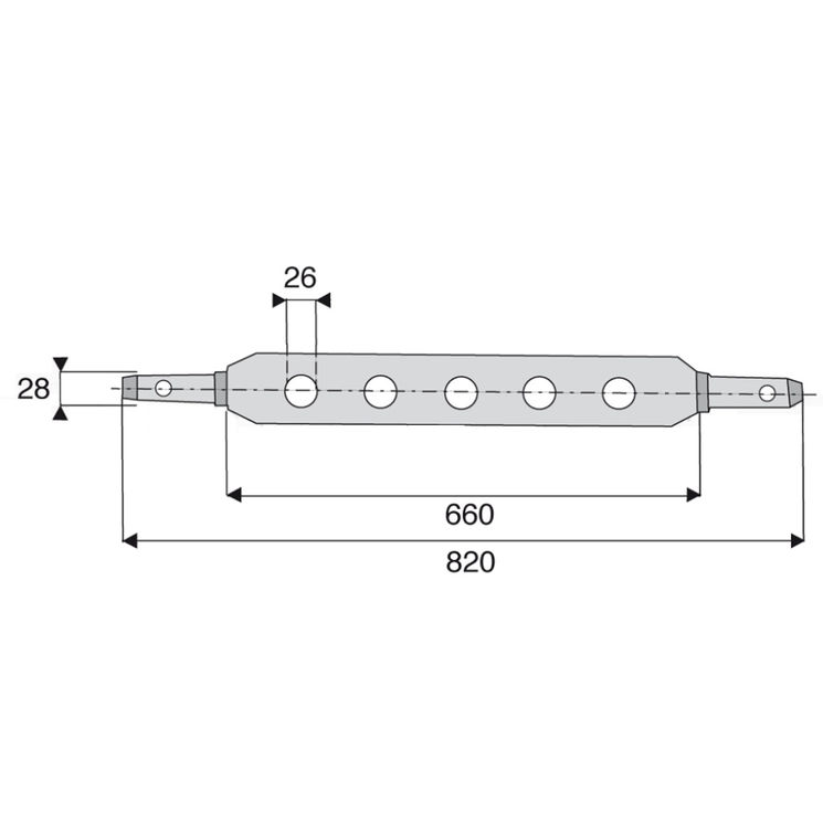 Barre à trous catégorie 2, attelage Ø28 mm, 7 trous de Ø26 mm, longueur totale 820 mm, longueur utile 660 mm