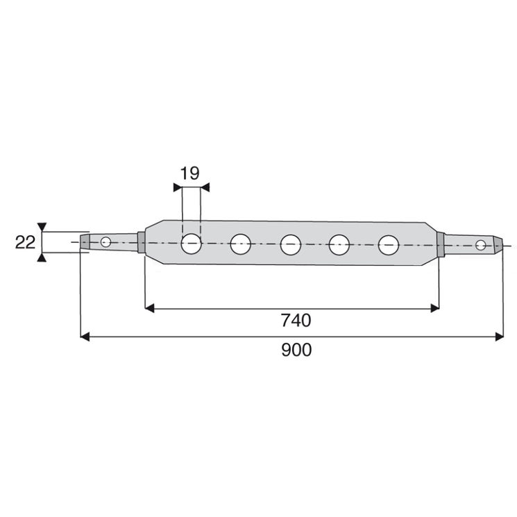 Barre à trous catégorie 1, attelage Ø22 mm, 7 trous de Ø19 mm, longueur totale 900 mm, longueur utile 740 mm