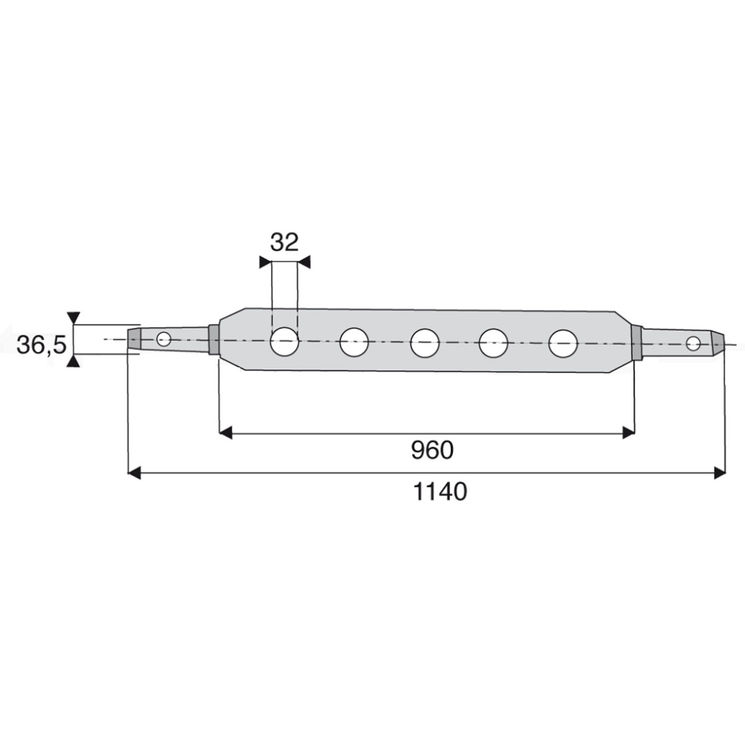 Barre à trous catégorie 3, attelage Ø36 mm, 7 trous de Ø32 mm, longueur totale 1140 mm, longueur utile 960 mm