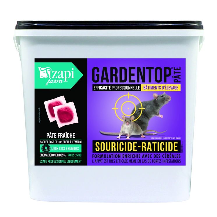 Raticide souricide Gardentop, bromadiolone 50mg/kg, pâte concentré sachet 10 g, seau de 5 kg