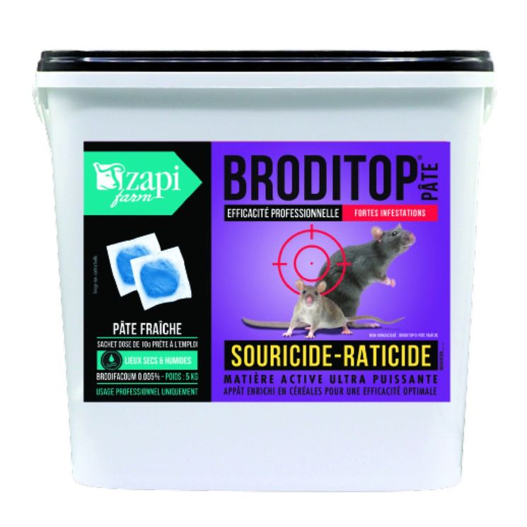 Raticide souricide Broditop pâte concentrée, brodifacoum 50mg/kg pâte 10g, seau de 5 kg