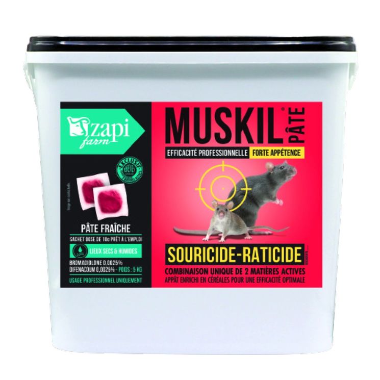 Raticide souricide Muskil, difénacoum et bromadiolone 25mg/kg, pâte 10 g, seau de 5 kg