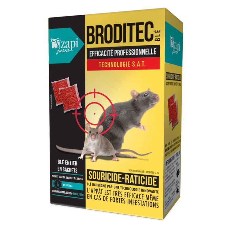 Raticide souricide Broditec blé, brodifacoum 29mg/kg, blé entier en sachet 25 g, boite de 150 gr