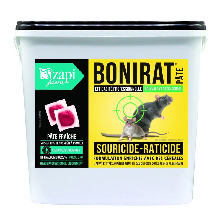 Raticide souricide Bonirat pâte, difénacoum 29mg/kg, pâte en sachet 10g, seau de 5 kg