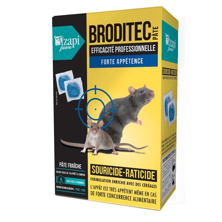 Raticide souricide Broditec pâte, brodifacoum 29mg/kg, pâte fraiche 15 g, boite de 150g