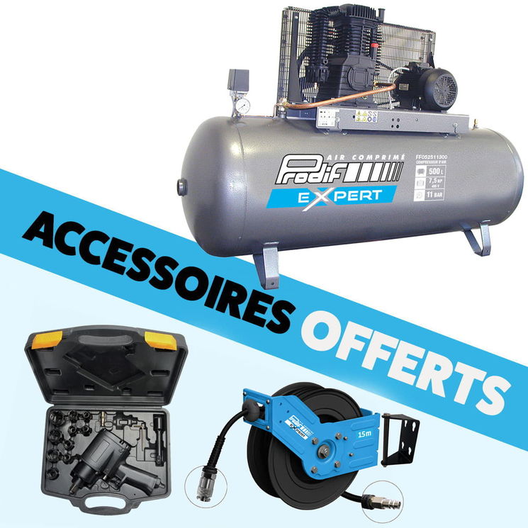 Compresseur fixe à courroie 500 litres 400V, 44,2m³/h, 7,5CV, bi-cylindre, FF052511300 + ACCESSOIRES OFFERTS