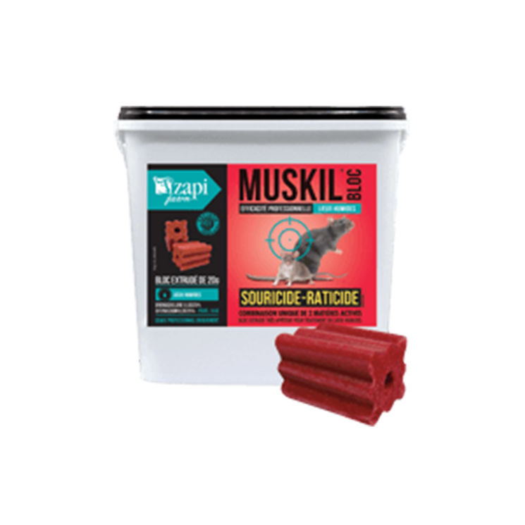 Raticide souricide Muskil, difénacoum 25mg/kg et bromadiolone 25mg/kg, bloc 25g, seau de 5 kg