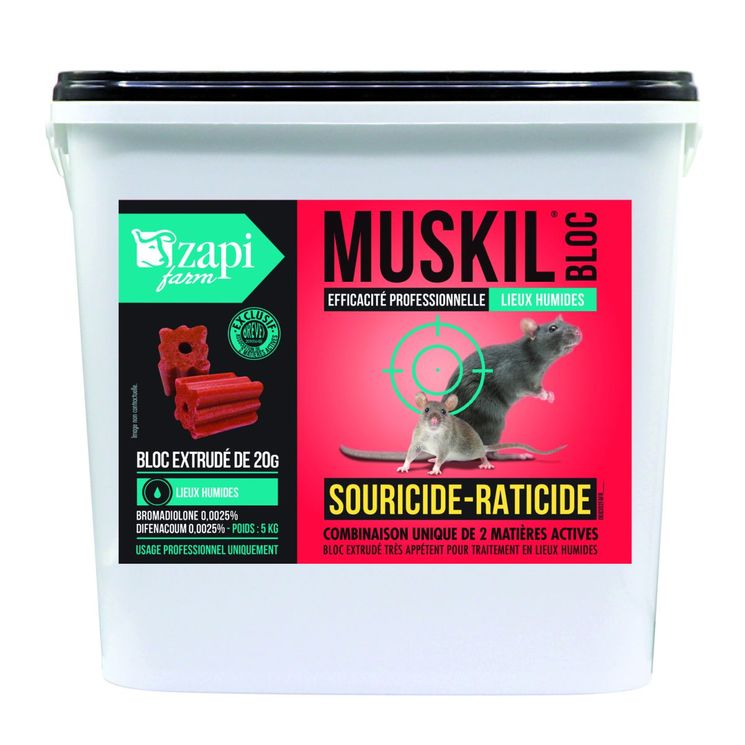 Raticide souricide Muskil, difénacoum 25mg/kg et bromadiolone 25mg/kg, bloc 25g, seau de 5 kg