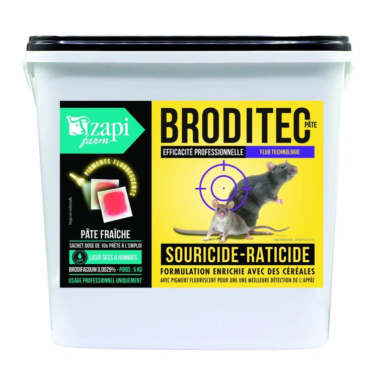 Raticide souricide Broditec pâte, brodifacoum 29mg/kg pâte en sachet 15g, seau de 5 kg