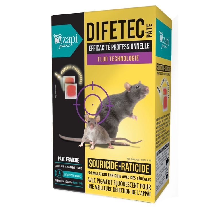 Raticide souricide Difetec pâte, difénacoum 29mg/kg, pâte 15g, boite de 150g