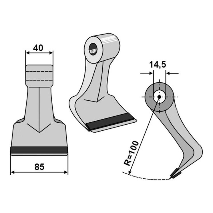 Marteau 100x85x40, trou 14,5mm, rechargement carbure, pour broyeur AGROMEC, AGRIMASTER, ORSI, ZANON