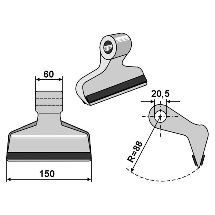 Marteau 88x150x60, trou 20,5mm, rechargement carbure, pour broyeur HUMUS, SICMA