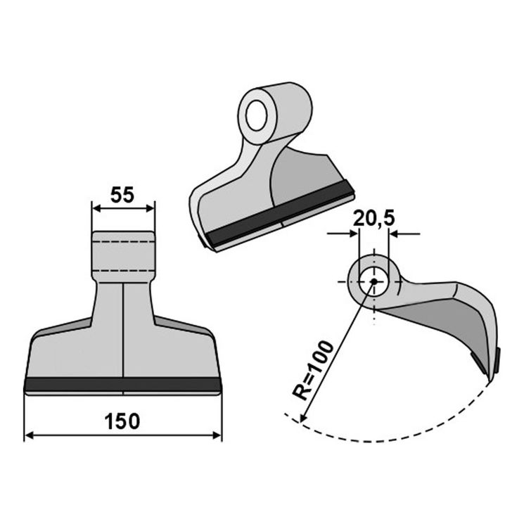 Marteau 100x150x55, trou 20,5mm, rechargement carbure, pour broyeur AGRIMASTER, ORSI, LAGARDE, ZAPPATOR, ZANON, MAJOR