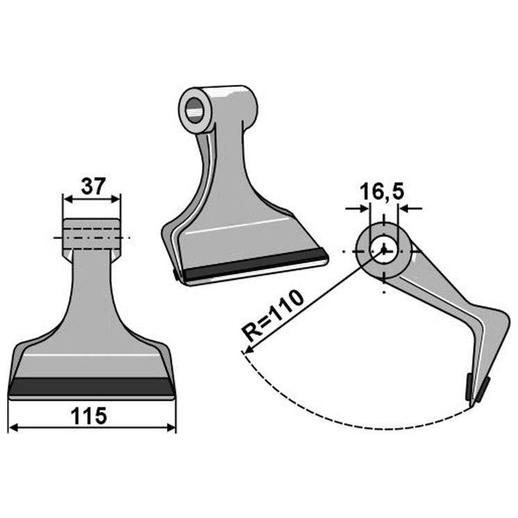 Marteau 110x115x37, trou 16,5mm, rechargement carbure, pour broyeur KUHN, FEHRENBACH