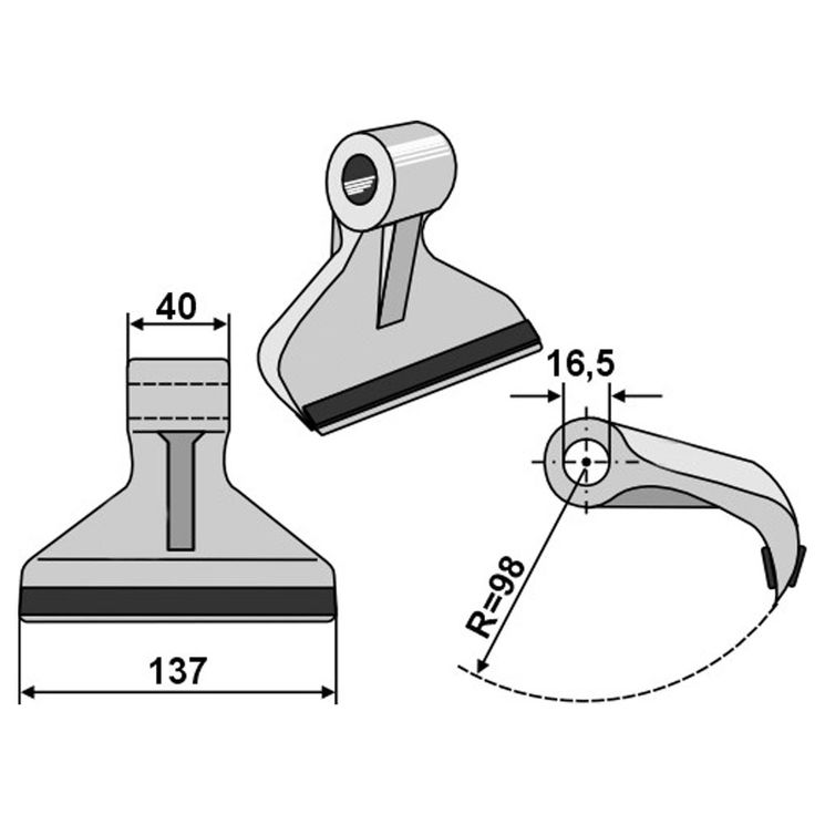 Marteau 98x137x40, trou 16,5mm, rechargement carbure, pour broyeur BERTI, HERDER, MÜTHING, GIRAX