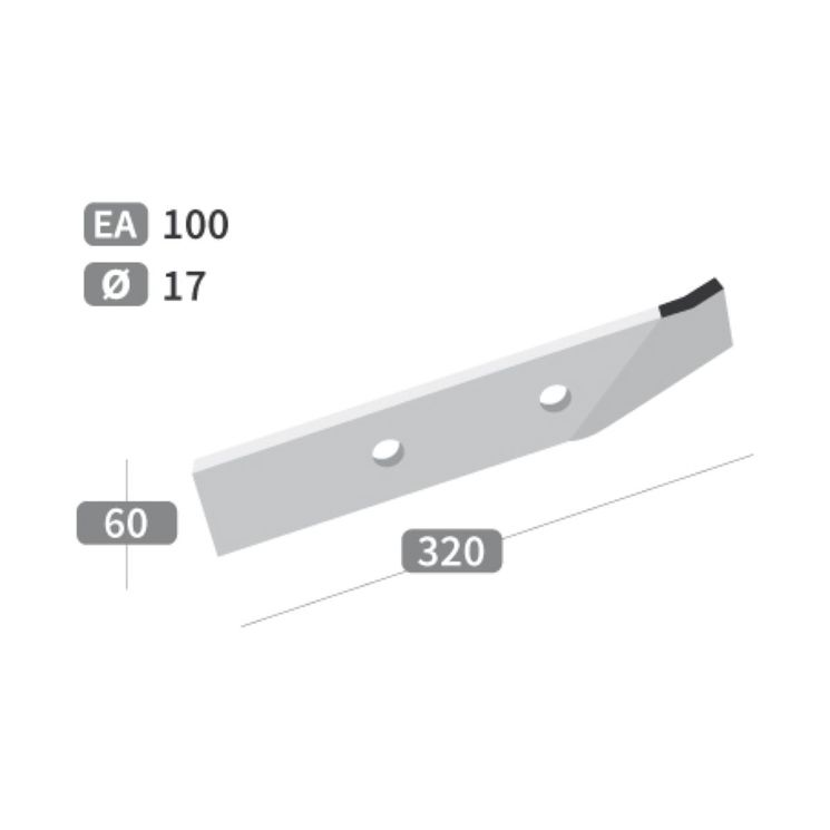 Couteau 2 trous de Ø17 mm, 320x60 mm, entraxe 100 mm, avec plaquettes carbure pour épandeur PICHON, pièce interchangeable