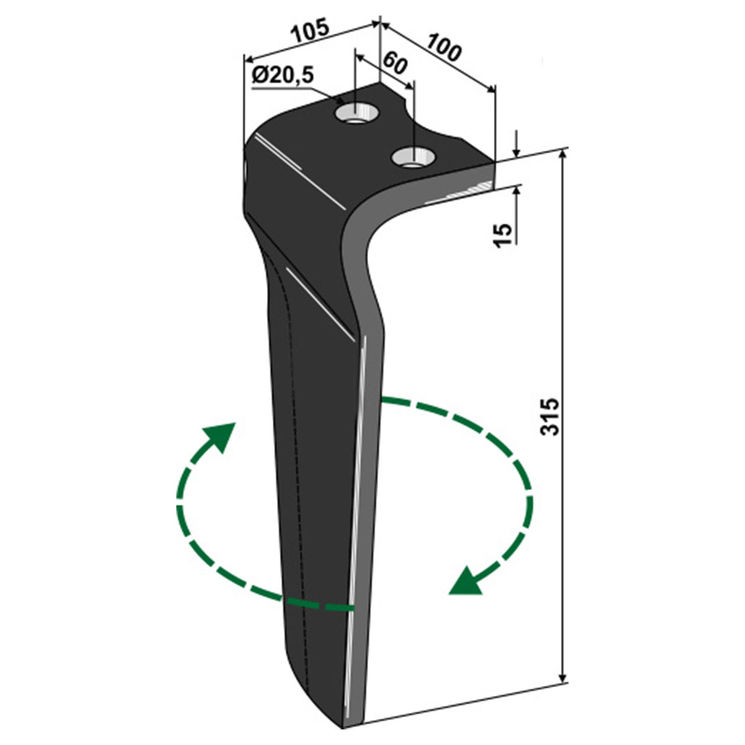 Dent de herse rotative HOWARD, KONGSKILDE, 73000185598V, droit, 315x100x15 mm, trous 20,5 mm, pièce interchangeable