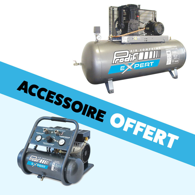 Compresseur fixe à courroie 500 litres 400V bi-cylindre, 61,8m³/h, 10CV, triphasé, FF069511300 + compresseur 6 litres offert