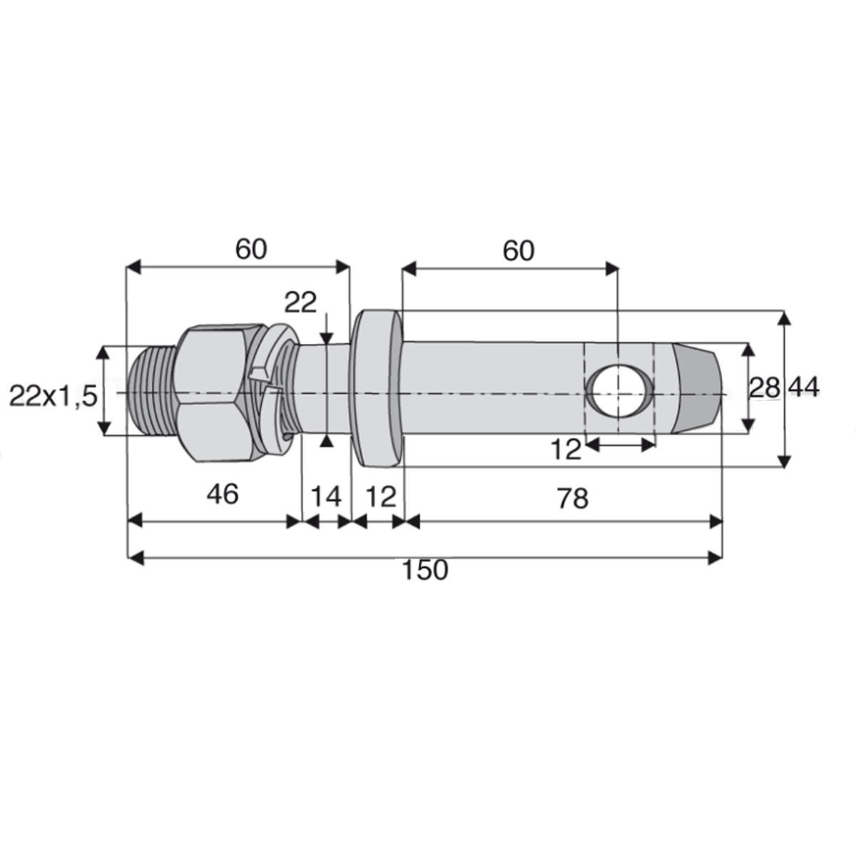 Piton pour axe d'attelage de Ø28 mm, filetage M22x1,5 goupille de Ø12 mm, longueur 150 mm