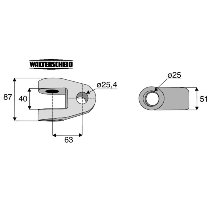 Chape nue, tracteur Ø25,4 mm, entraxe 63 mm, axe intérieur Ø25 mm, WALTERSCHEID