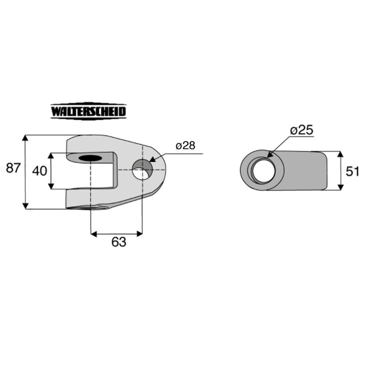 Chape nue, tracteur Ø28 mm, entraxe 63 mm, axe intérieur Ø25 mm, WALTERSCHEID