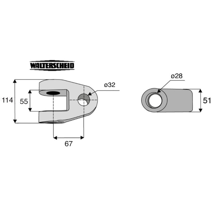 Chape nue, tracteur Ø32 mm, entraxe 67 mm, axe intérieur Ø28 mm, WALTERSCHEID