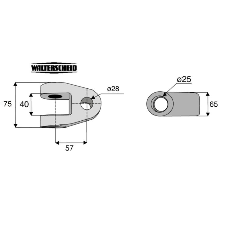 Chape nue, tracteur Ø28 mm, entraxe 57 mm, axe intérieur Ø25 mm, WALTERSCHEID