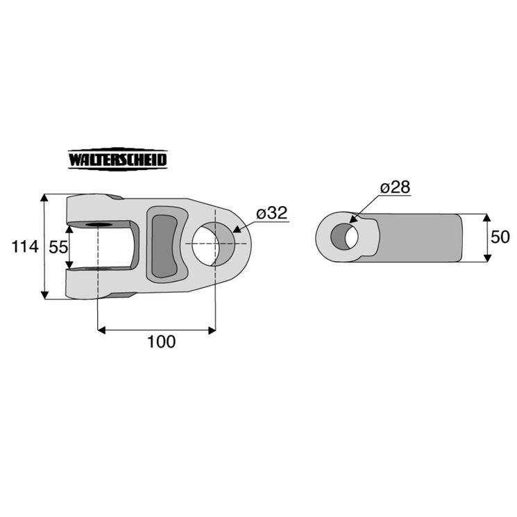 Chape nue, tracteur Ø32 mm, entraxe 100 mm, axe intérieur Ø28 mm, WALTERSCHEID