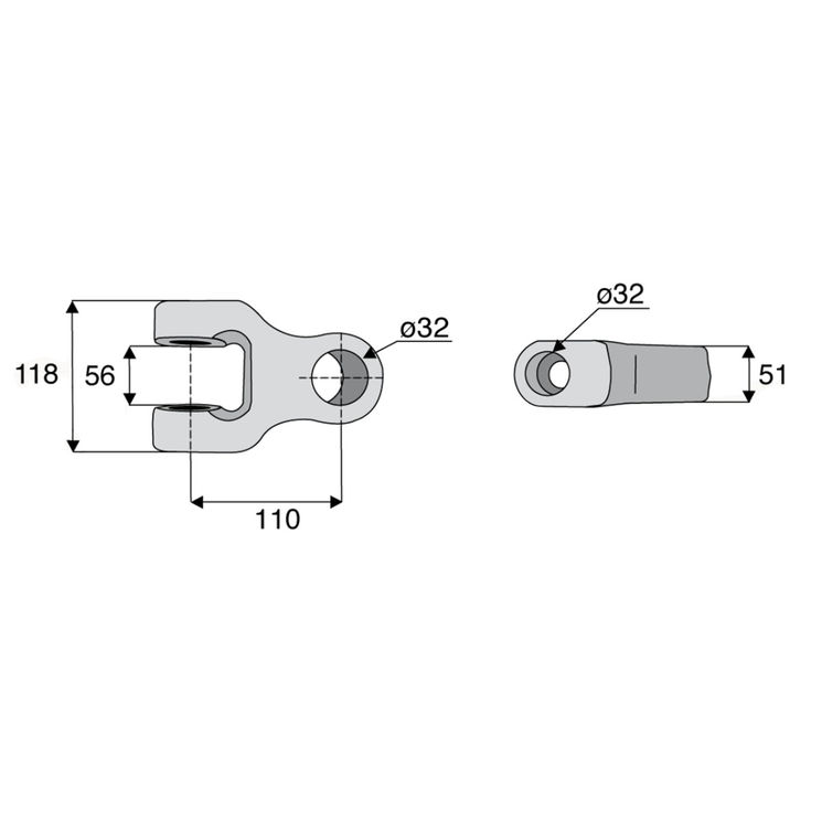 Chape nue, tracteur Ø32 mm, entraxe 110 mm, axe intérieur Ø32 mm - longueur 118,5 mm, WALTERSCHEID