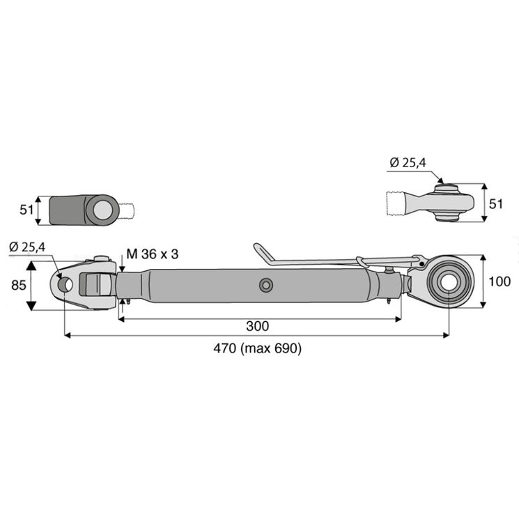 Barre de poussée mécanique rotule / rotule, catégorie 1/1, filetage 22x2,5 mm, longueur 400/560 mm, gamme Eco