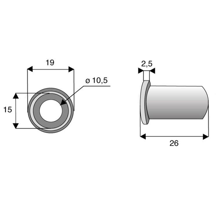 Entretoise épaulée 10,5x15xlong.26 mm, épaulement 19 mm pour marteau broyeur BOMFORD, NOREMAT, EPOKE