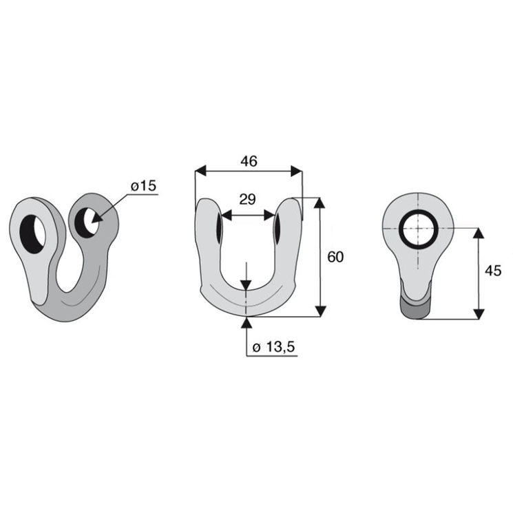 Manille droite, fil 13,5mm, trou de 15mm, pour broyeur BOMFORD, TURNER, NOREMAT, EPOKE