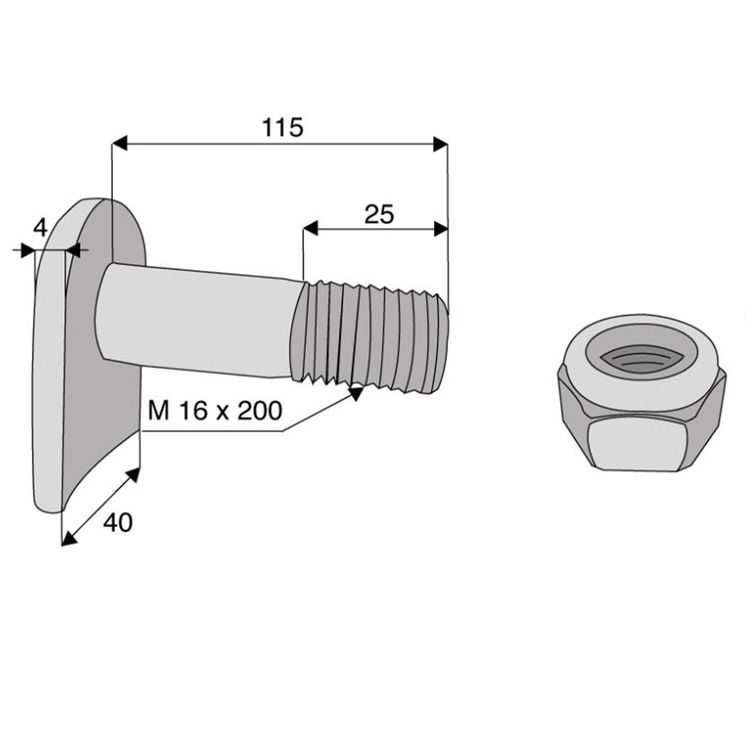 Vis M16x200 avec écrou pour marteau broyeur HUMUS