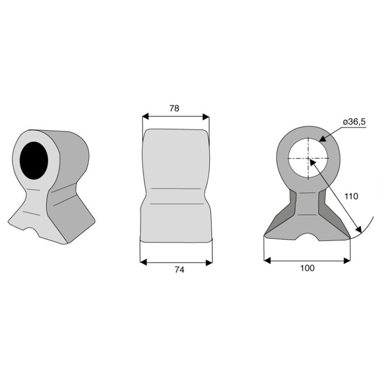 Marteau 74x78x110, trou 36,5mm, pour broyeur SEPPI