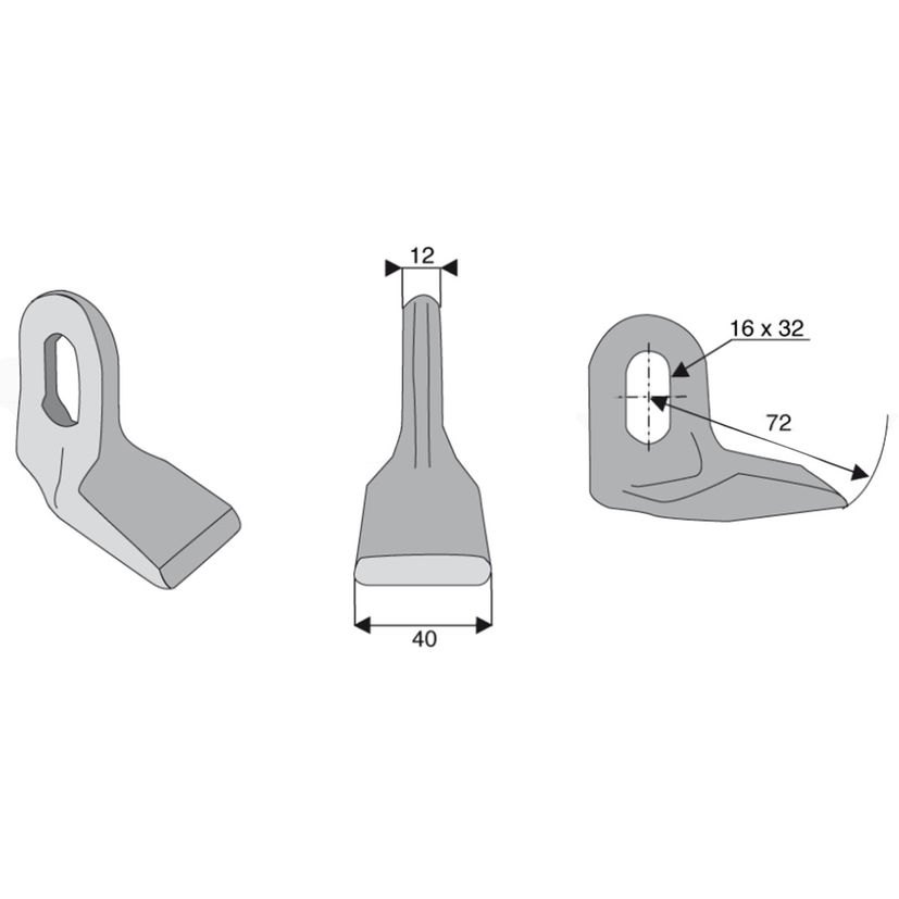 Marteau 40x12x72, trou 16x32mm, pour broyeur BOMFORD, MAC CONNEL, NOREMAT, SPEARHEAD, EPOKE, TURNER