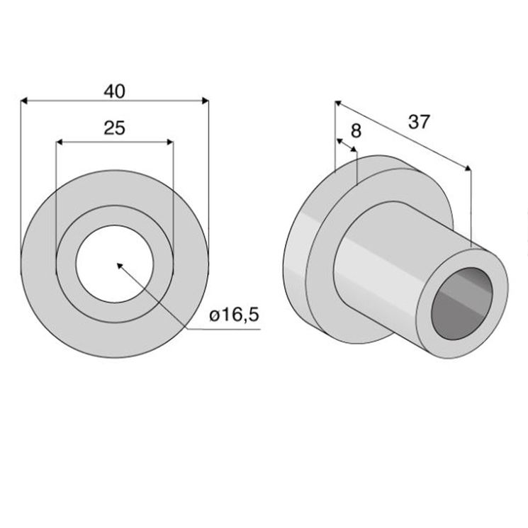 Entretoise épaulée 16,5x25x25xlong.37 mm, épaulement 40 mm, pour marteau broyeur NOREMAT